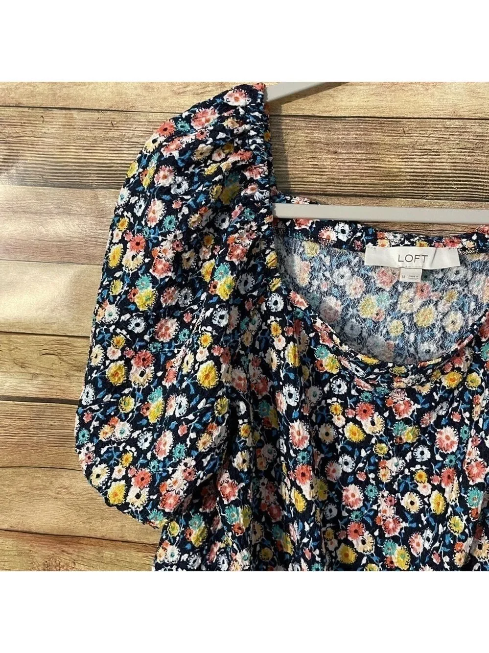 Loft Womens Floral Print Textures Square Neck Puff Sleeve Front Tie Top Size M